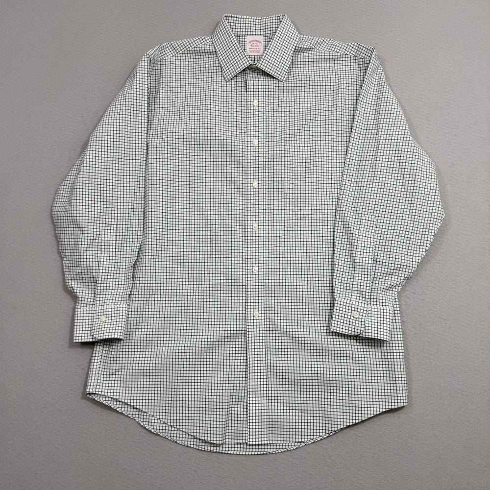 Brooks Brothers Dress Shirt Mens 16-32 White Green Madison Fit Tattersall Check
